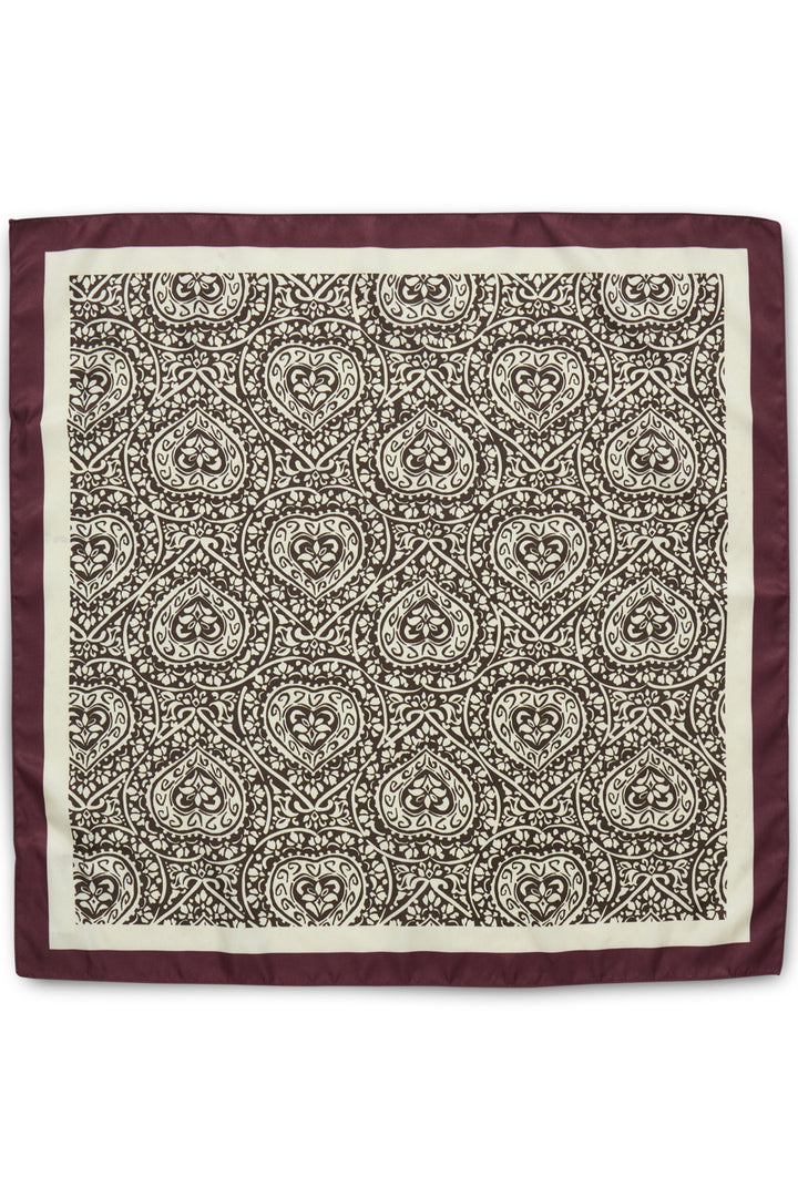 A square silk-like pocket square with a dark brown ornate paisley pattern on an ivory background, finished with a solid dark brown border.