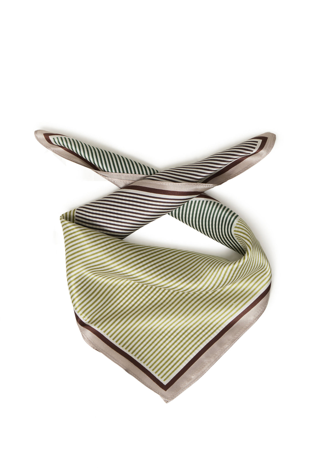 A folded square silk scarf with a striped pattern, featuring diagonal stripes in olive green and white on one side, and dark brown and white stripes on the other, finished with a solid taupe border.