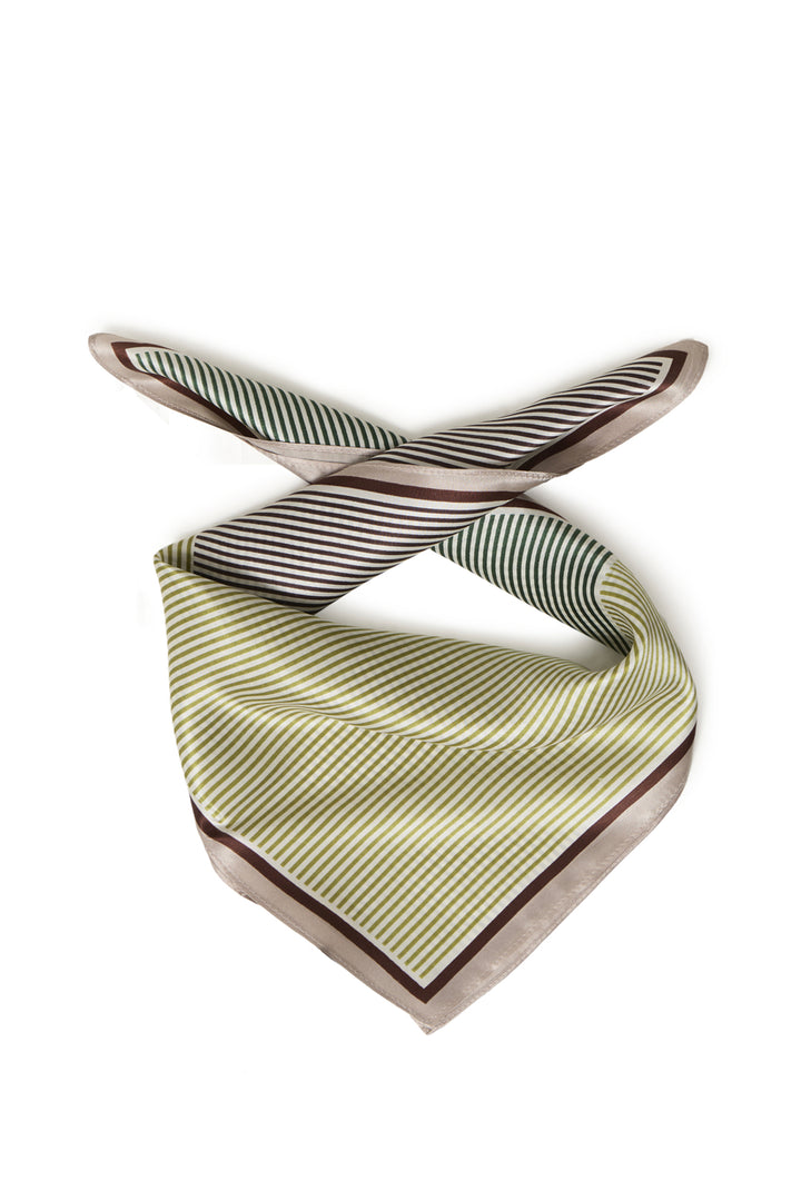 A folded square silk scarf with a striped pattern, featuring diagonal stripes in olive green and white on one side, and dark brown and white stripes on the other, finished with a solid taupe border.