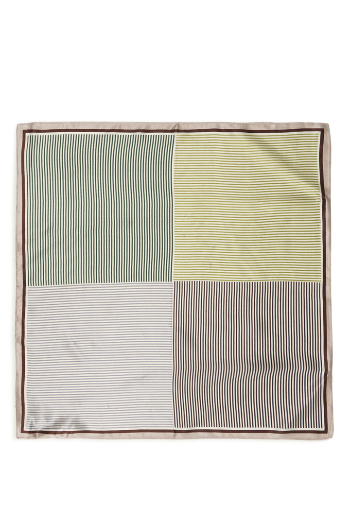 A square silk scarf laid flat on a white background, featuring a four-quadrant striped pattern in sage green, pale yellow, off-white, and brown, finished with a thin brown border.