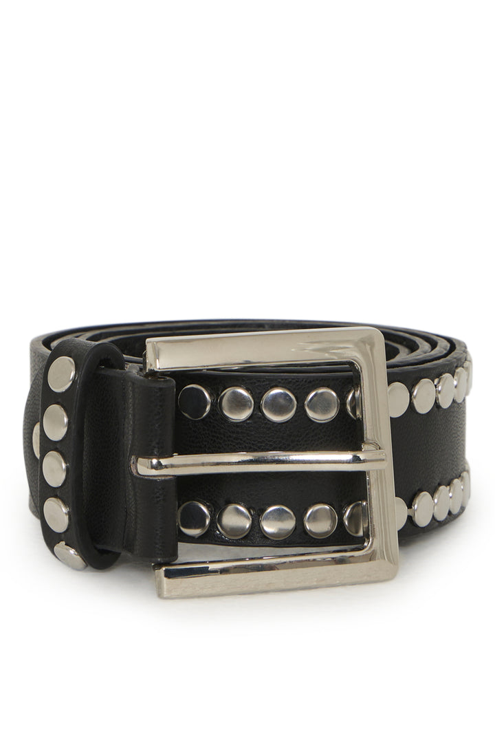 A black leather belt with silver-tone studs and a large silver buckle, coiled on a white background.