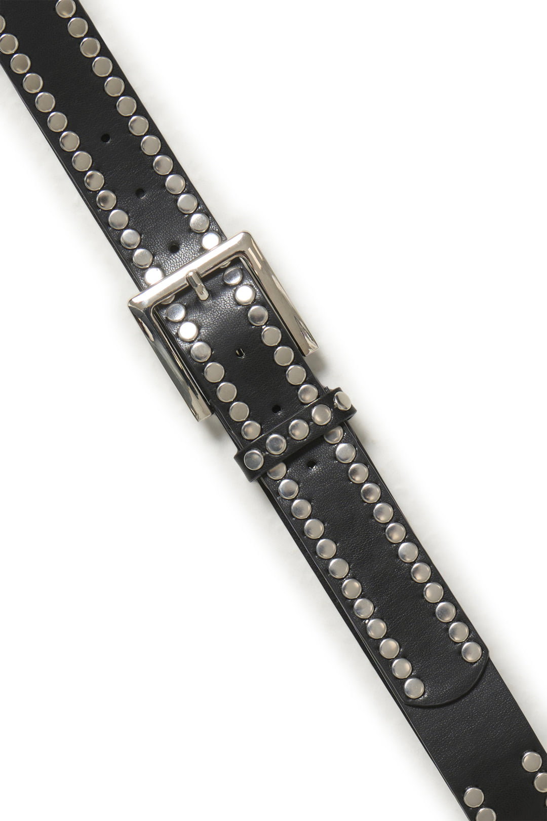 A black leather belt featuring rows of silver-toned metal studs along the edges and a silver-toned metal buckle, shown on a plain white background.