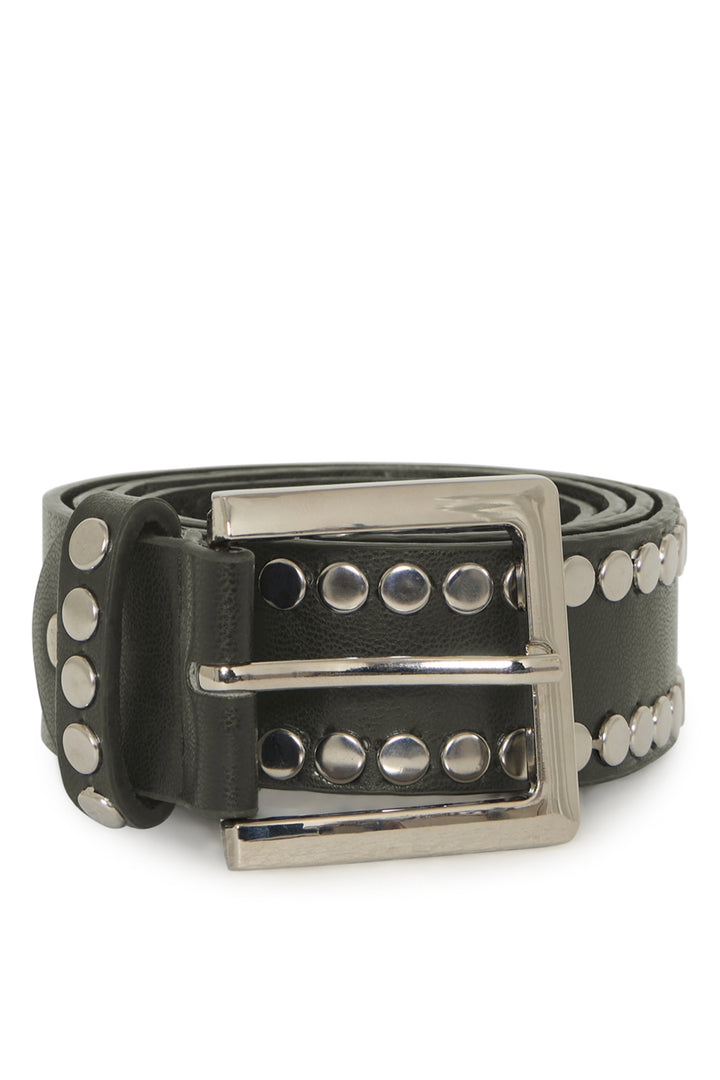 A olive green leather belt with silver-tone metal studs and a large silver buckle, shown coiled on a plain white background.