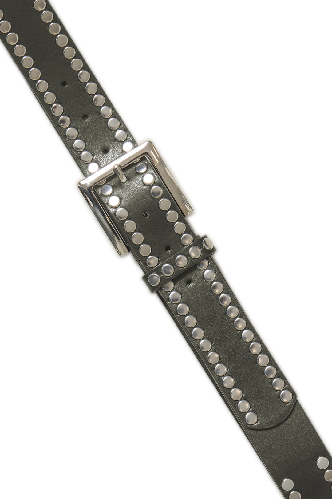 A olive green leather belt with silver-tone metal studs and a silver buckle, shown diagonally on a plain white background.