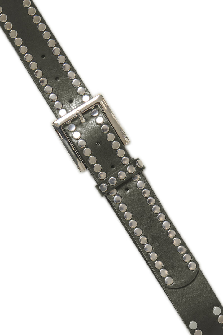 A olive green leather belt with silver-tone metal studs and a silver buckle, shown diagonally on a plain white background.