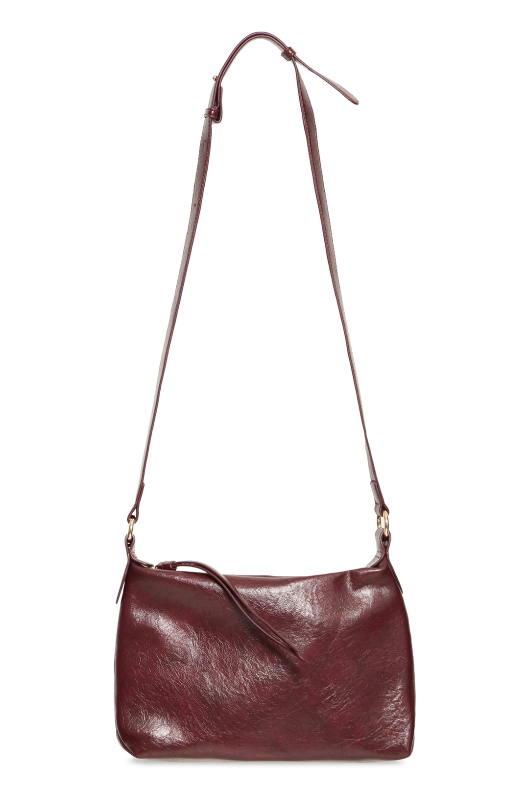 A dark burgundy leather shoulder bag with a long adjustable strap and gold-tone hardware, shown against a plain white background.