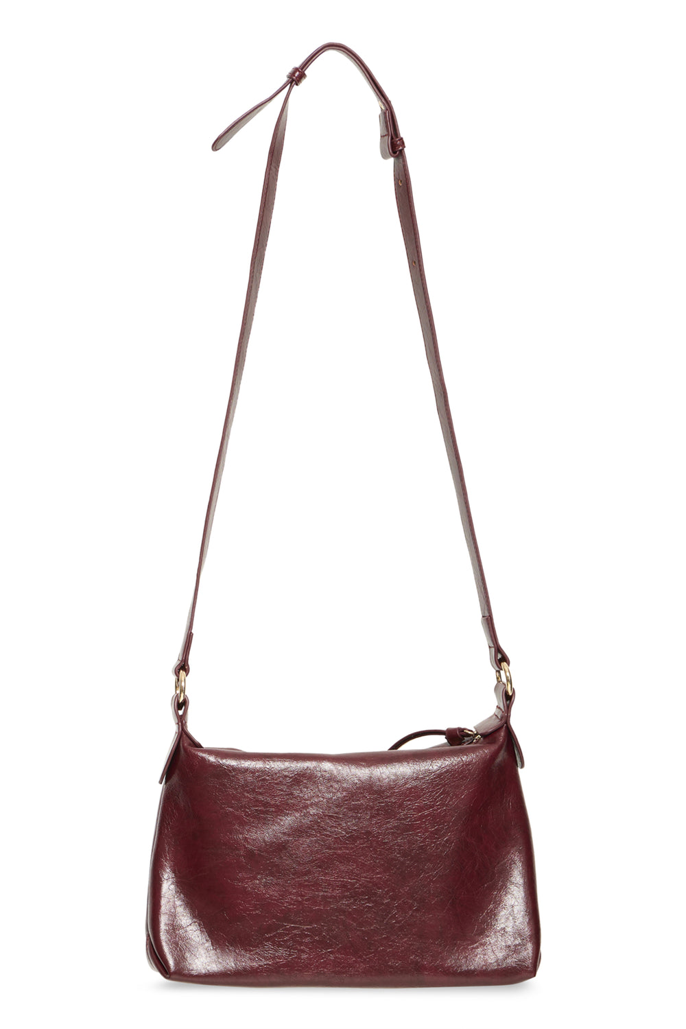 A dark burgundy leather shoulder bag with a long adjustable strap and gold-tone hardware, shown against a plain white background.