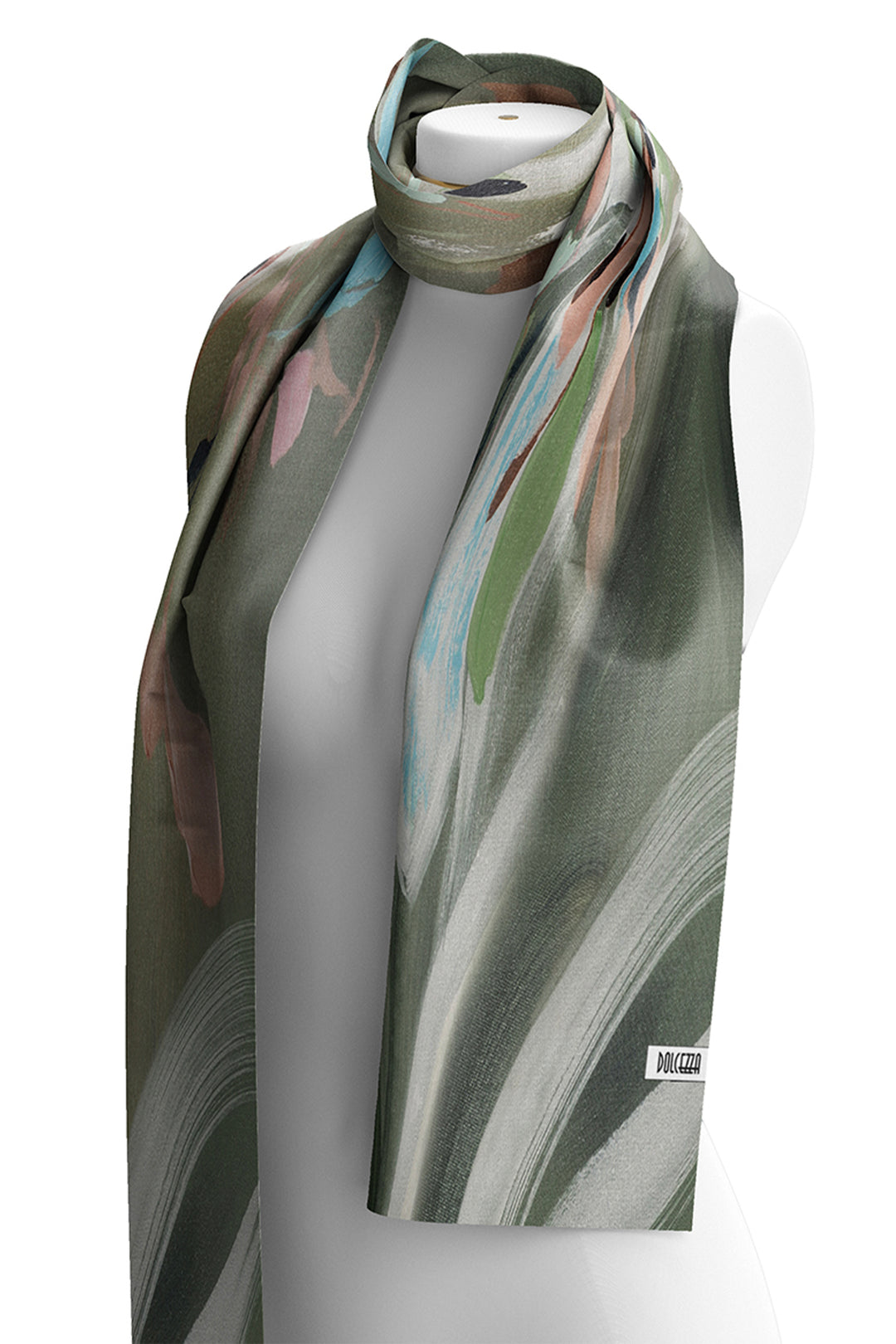 Mannequin wearing a green patterned scarf