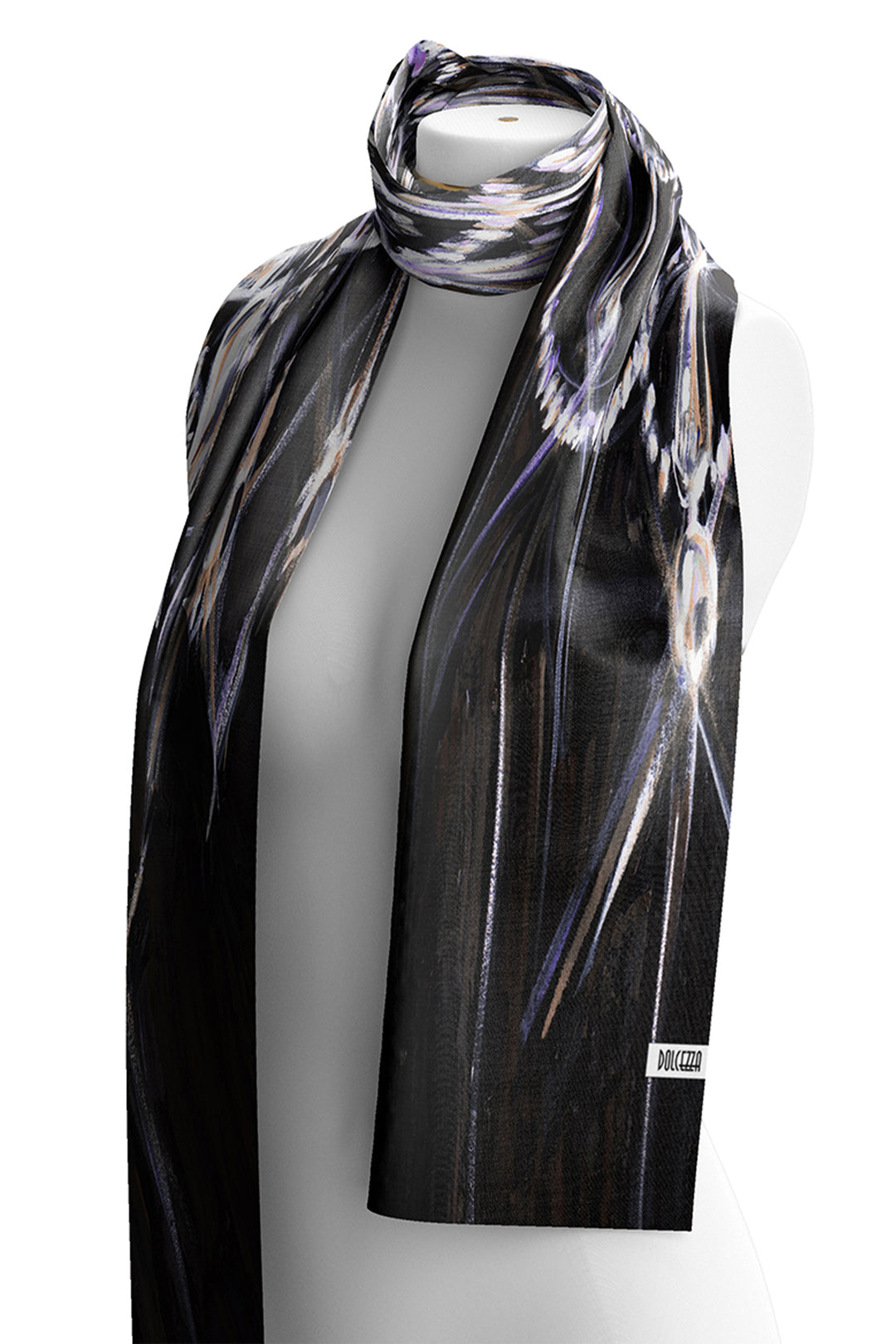 A mannequin wearing a black printed scarf