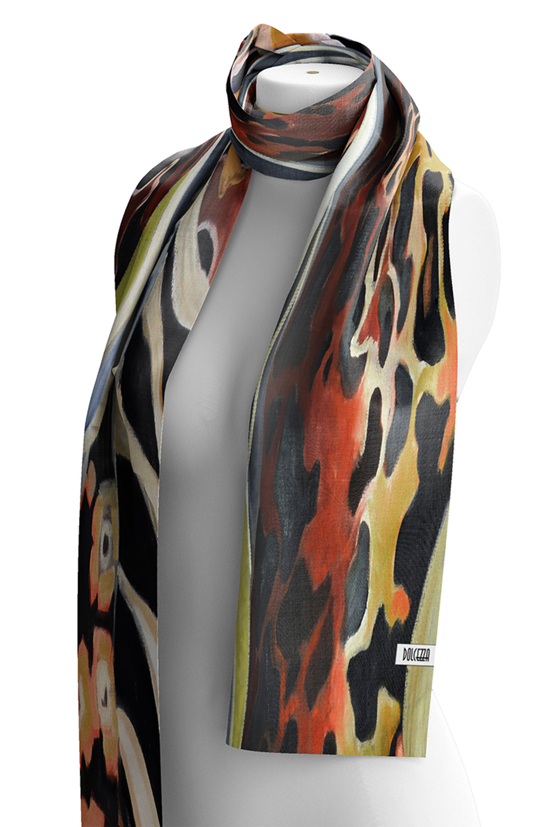 Mannequin wearing an animal print scarf. 