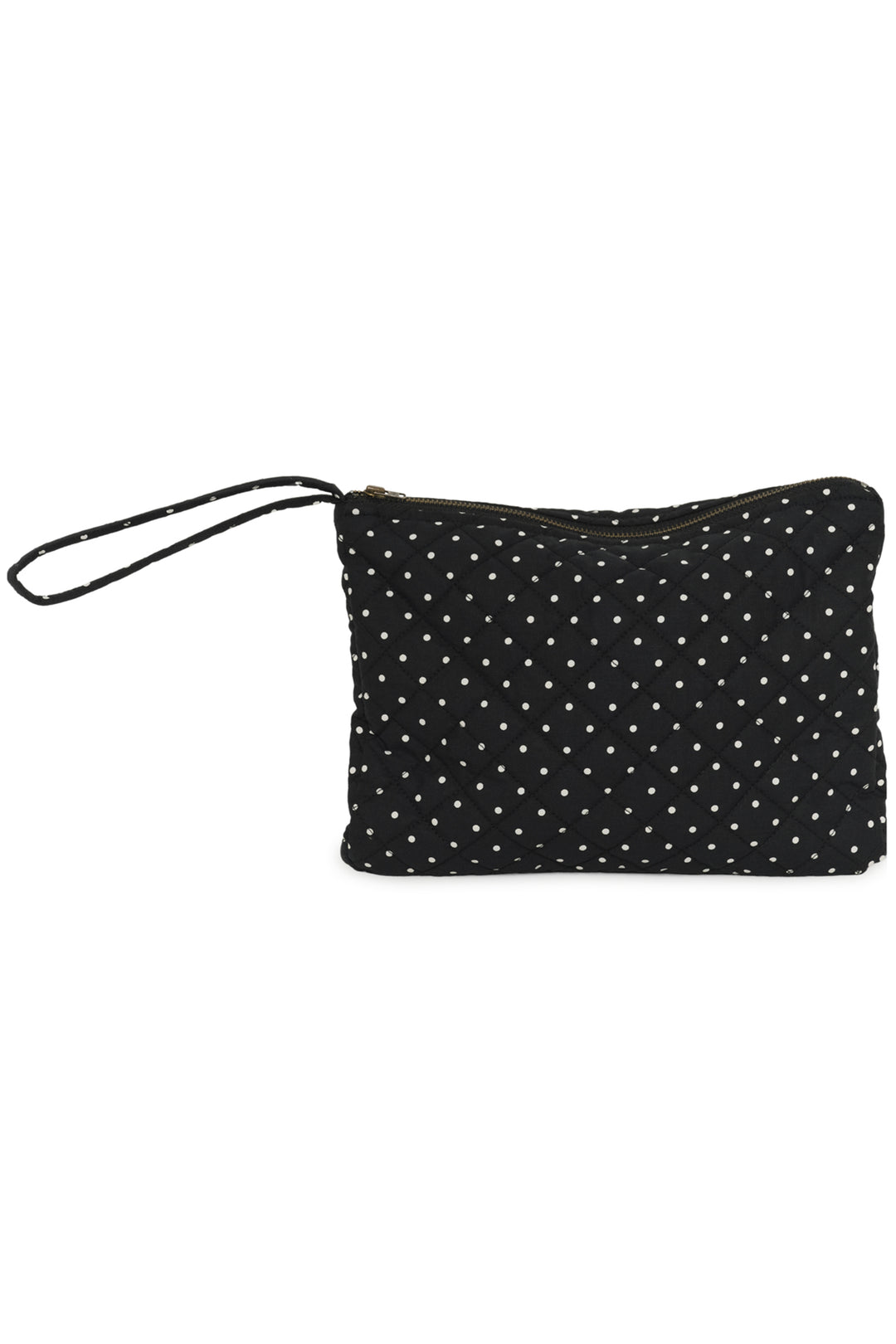 A women's black with white polka dots quilted zip bag. 