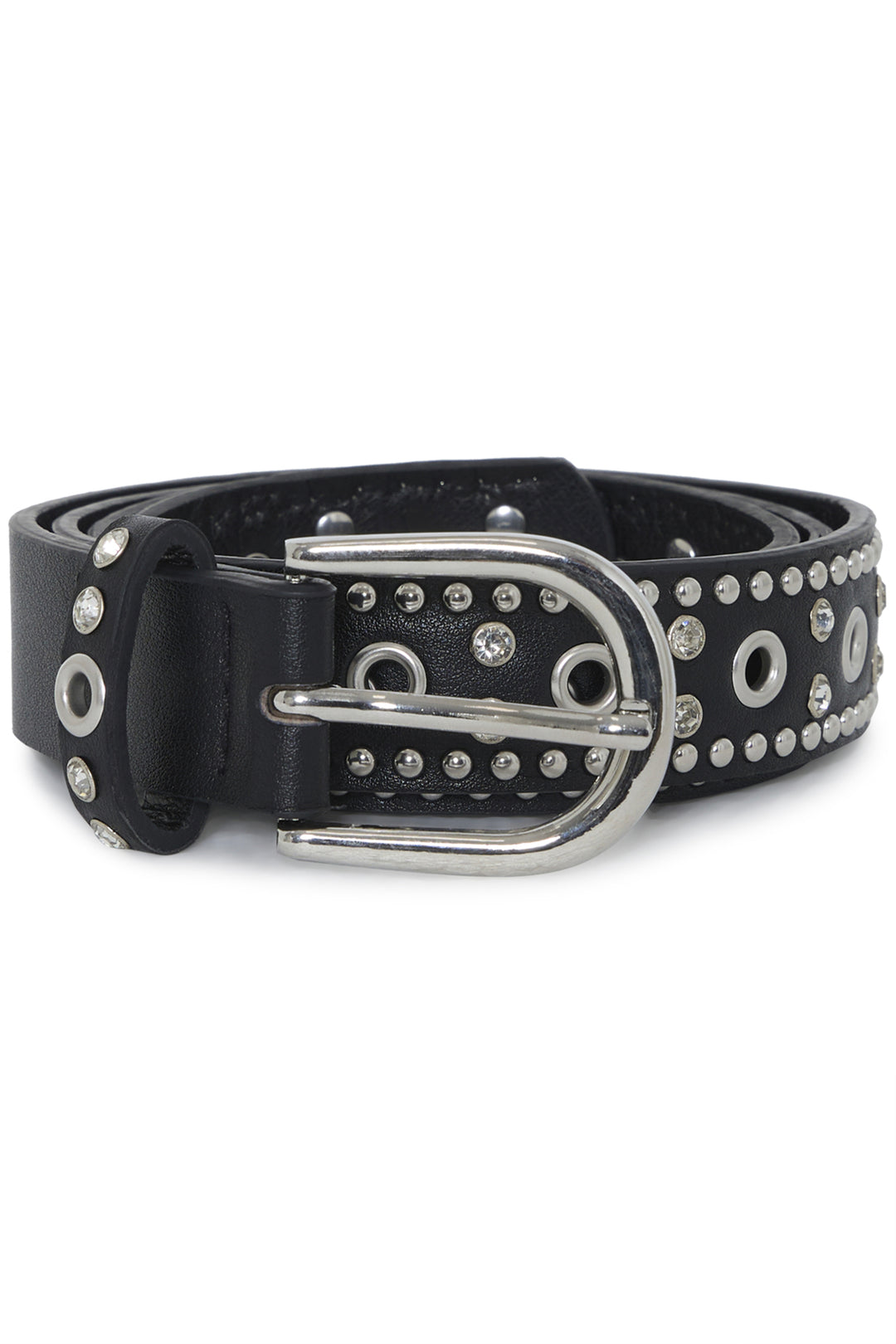 A women's black studded belt shown against a white background. 