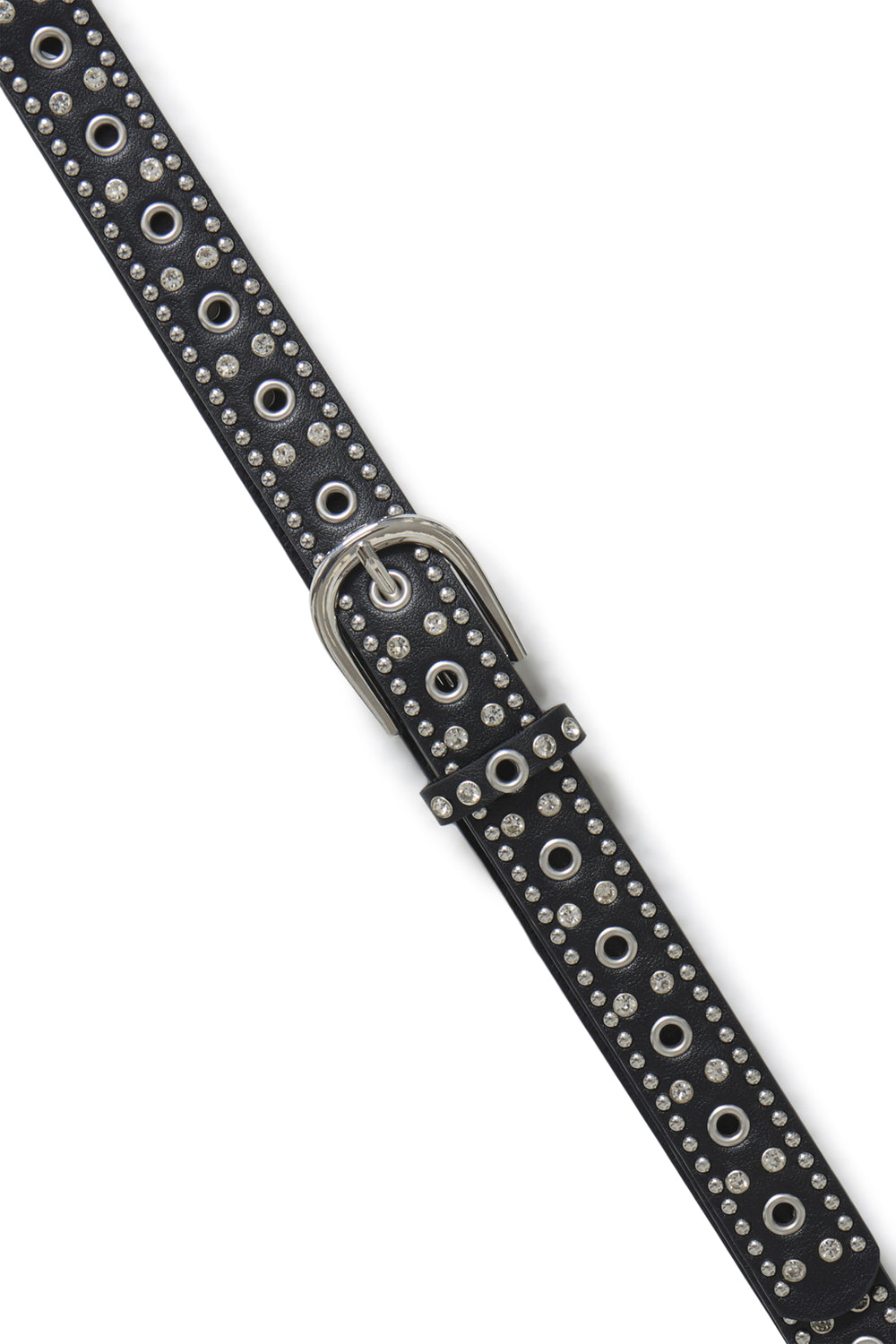 A women's black studded belt shown against a white background. 