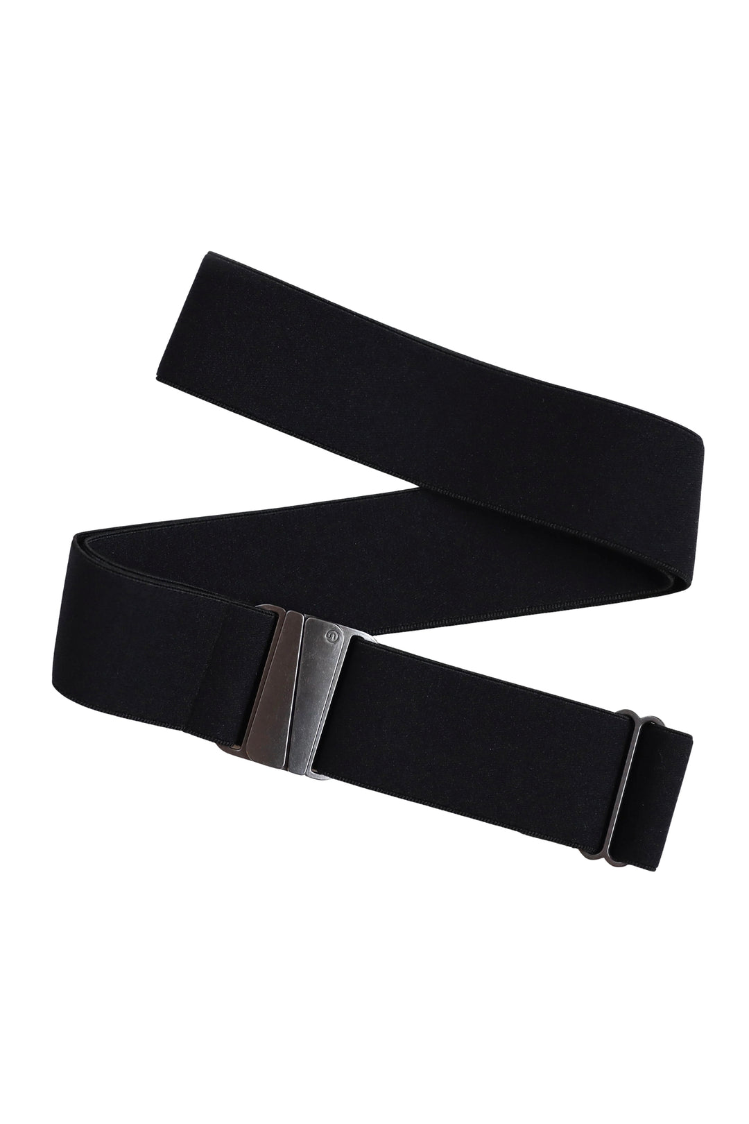 Black belt with a silver sliding buckle on a white background