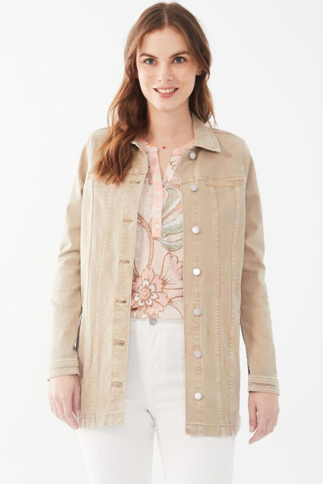 FDJ Spring 2024 This Long Jean Jacket has a button front closure, a soft blend of cotton and polyester, a spread collar and high stretch fabrics. 