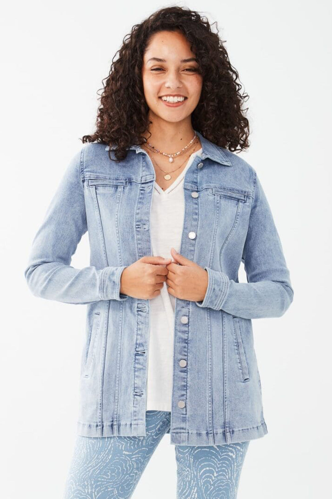 FDJ Spring 2024 This Long Jean Jacket has a hidden button front closure, a soft blend of cotton and polyester, a spread collar and high stretch fabrics. 