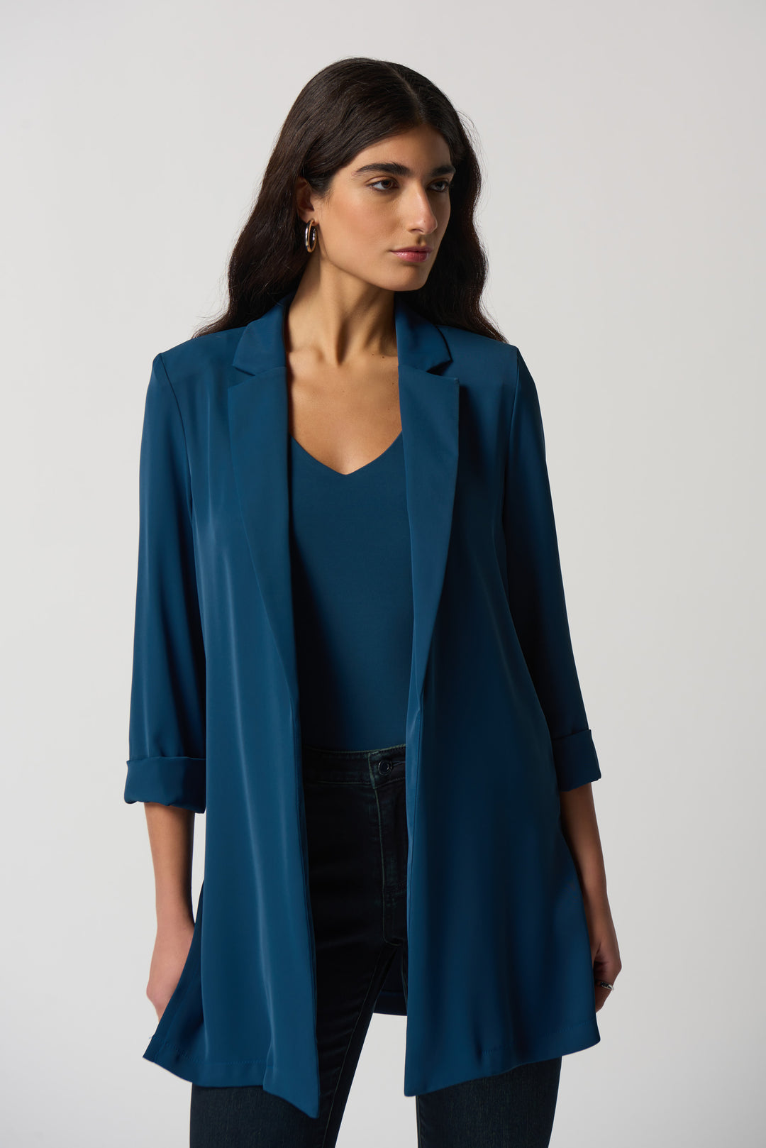Joseph Ribkoff Fall 2023 women's business casual long straight fit open blazer - nightfall front