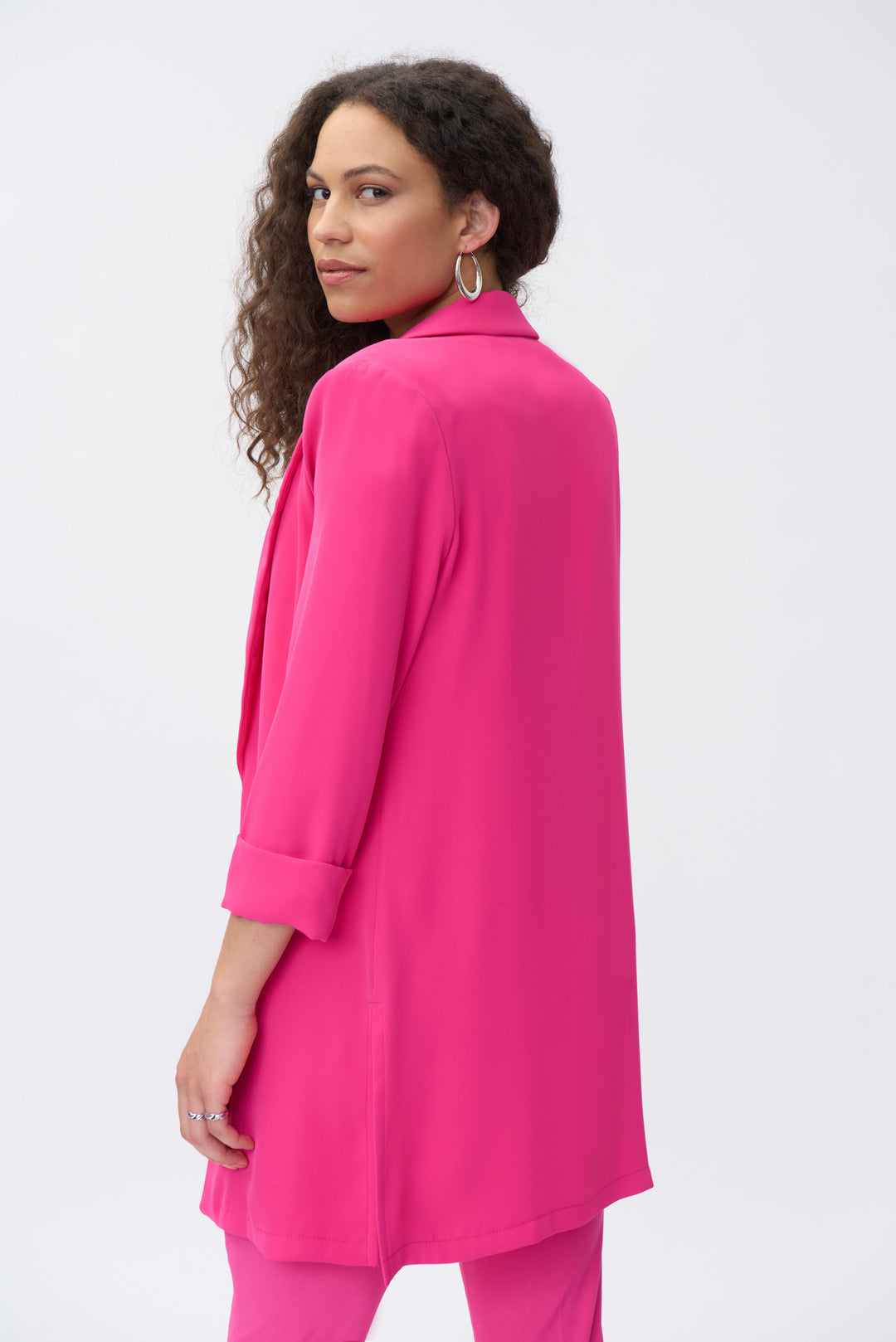 Joseph Ribkoff Fall 2023 women's business casual long straight fit open blazer - dazzle pink back
