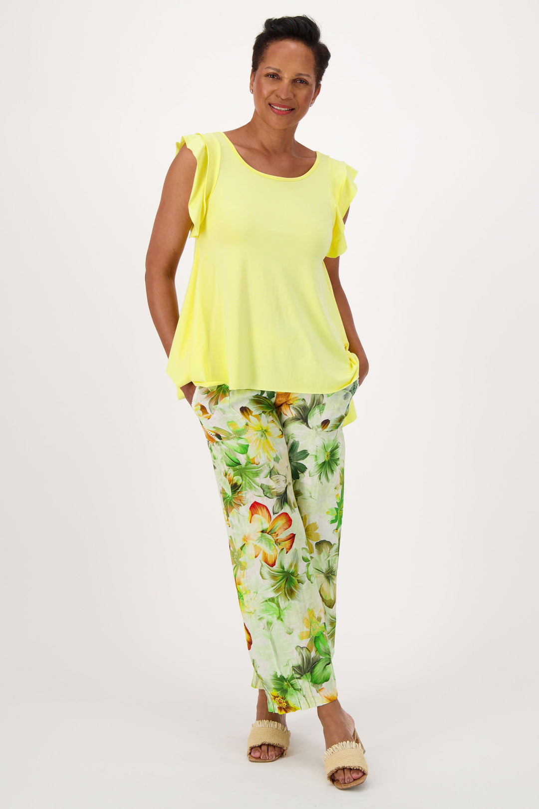 Spanner Summer 2024 With a vibrant floral print that's sure to catch eyes, these pants are perfect for warm weather! The soft, lightweight fabric and flattering wide leg fit make them a must-have for any resort getaway!