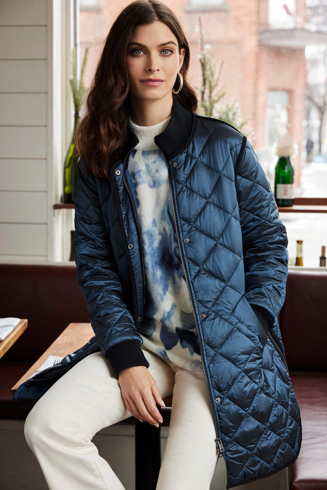 Charlie B Fall 2024  Featuring a long quilted puffer style, rib knit zipper-front closure and pockets, all in a bold, bright, vintage fall colour. 