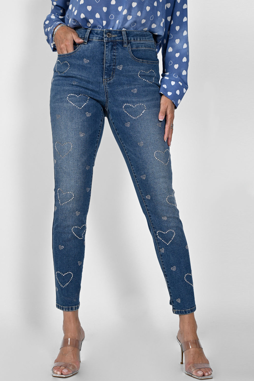 Frank Lyman Spring 2023 women's casual cotton denim jeans with rhinestones - front
