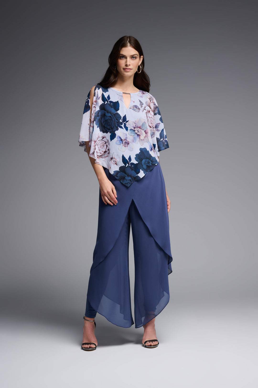 Joseph Ribkoff Spring 2023 women's wedding guest floral poncho chiffon overlay blouse top - model