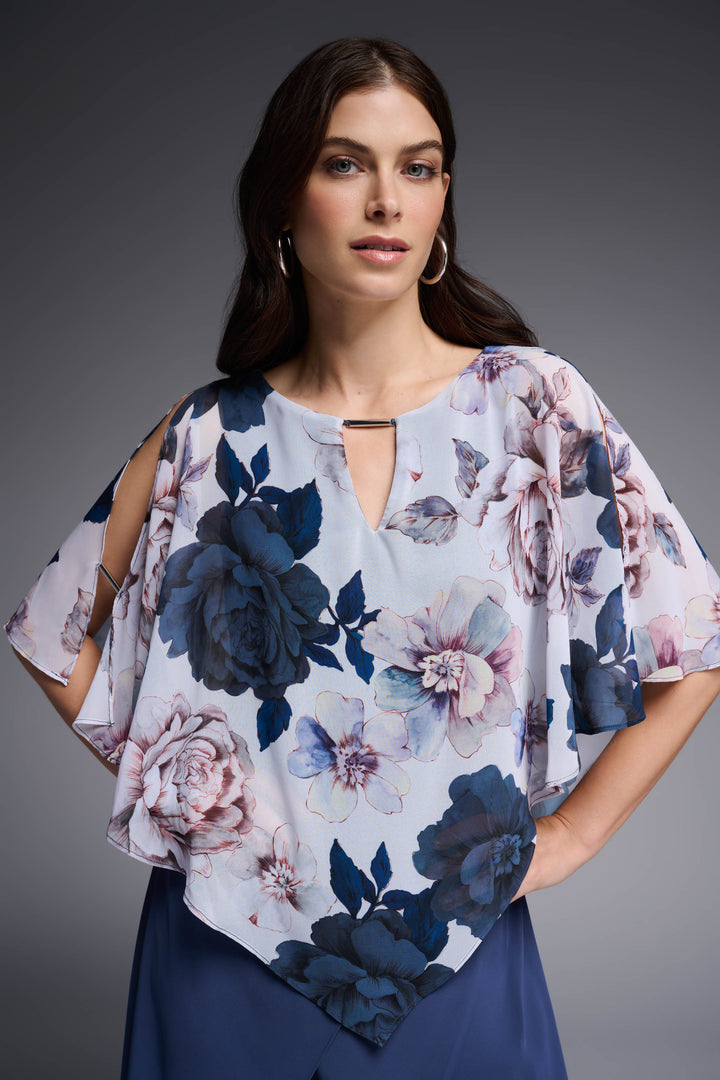 Joseph Ribkoff Spring 2023 women's wedding guest floral poncho chiffon overlay blouse top - front
