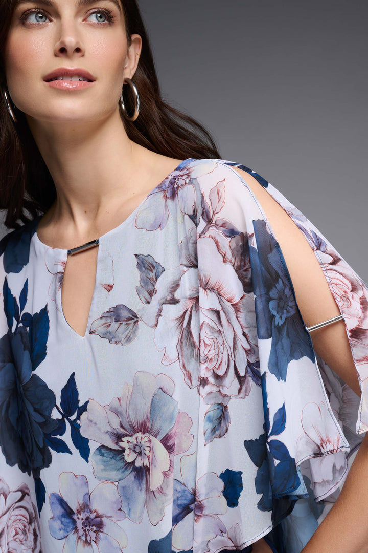Joseph Ribkoff Spring 2023 women's wedding guest floral poncho chiffon overlay blouse top - detail