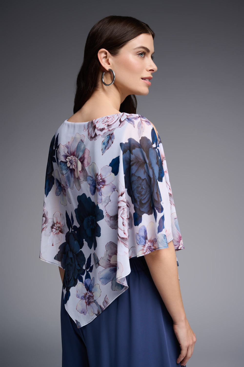 Joseph Ribkoff Spring 2023 women's wedding guest floral poncho chiffon overlay blouse top - back