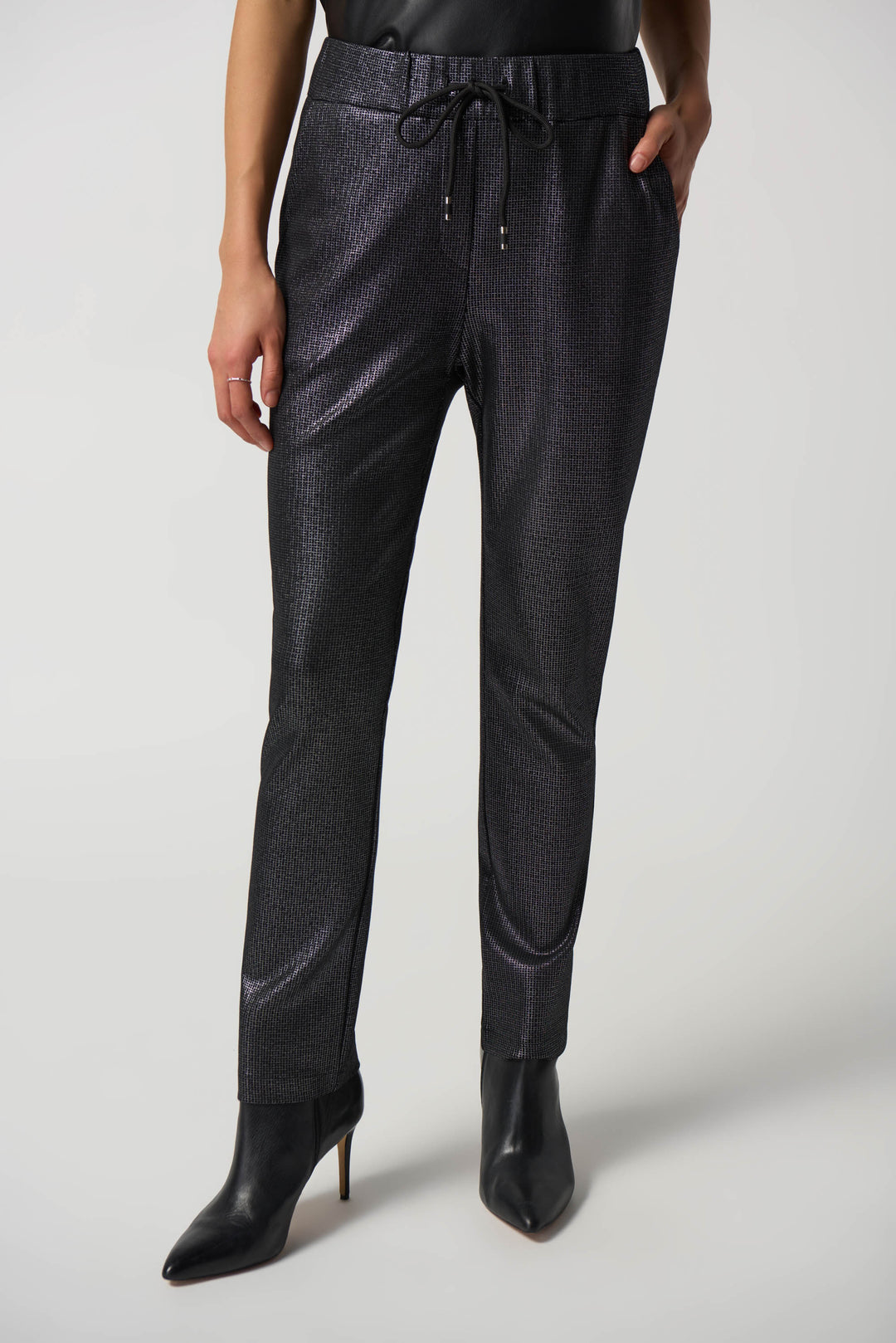 Joseph Ribkoff Fall 2023 women's dressy casual coated black jogger pants - front