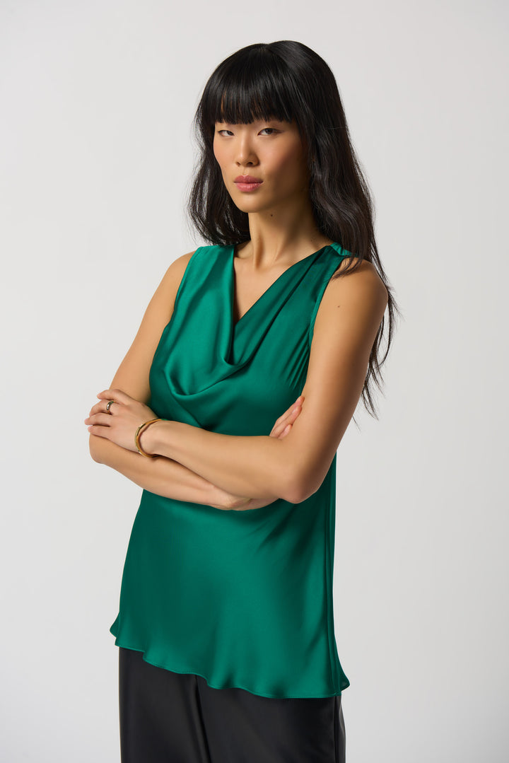 Joseph Ribkoff Fall 2023 women's business casual silk satin sleeveless tunic blouse top  -Kelly Green front