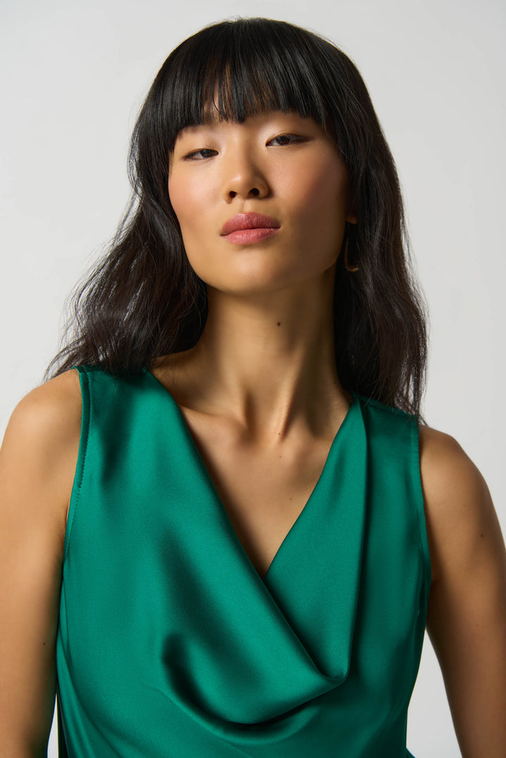 Joseph Ribkoff Fall 2023 women's business casual silk satin sleeveless tunic blouse top - Kelly Green detail