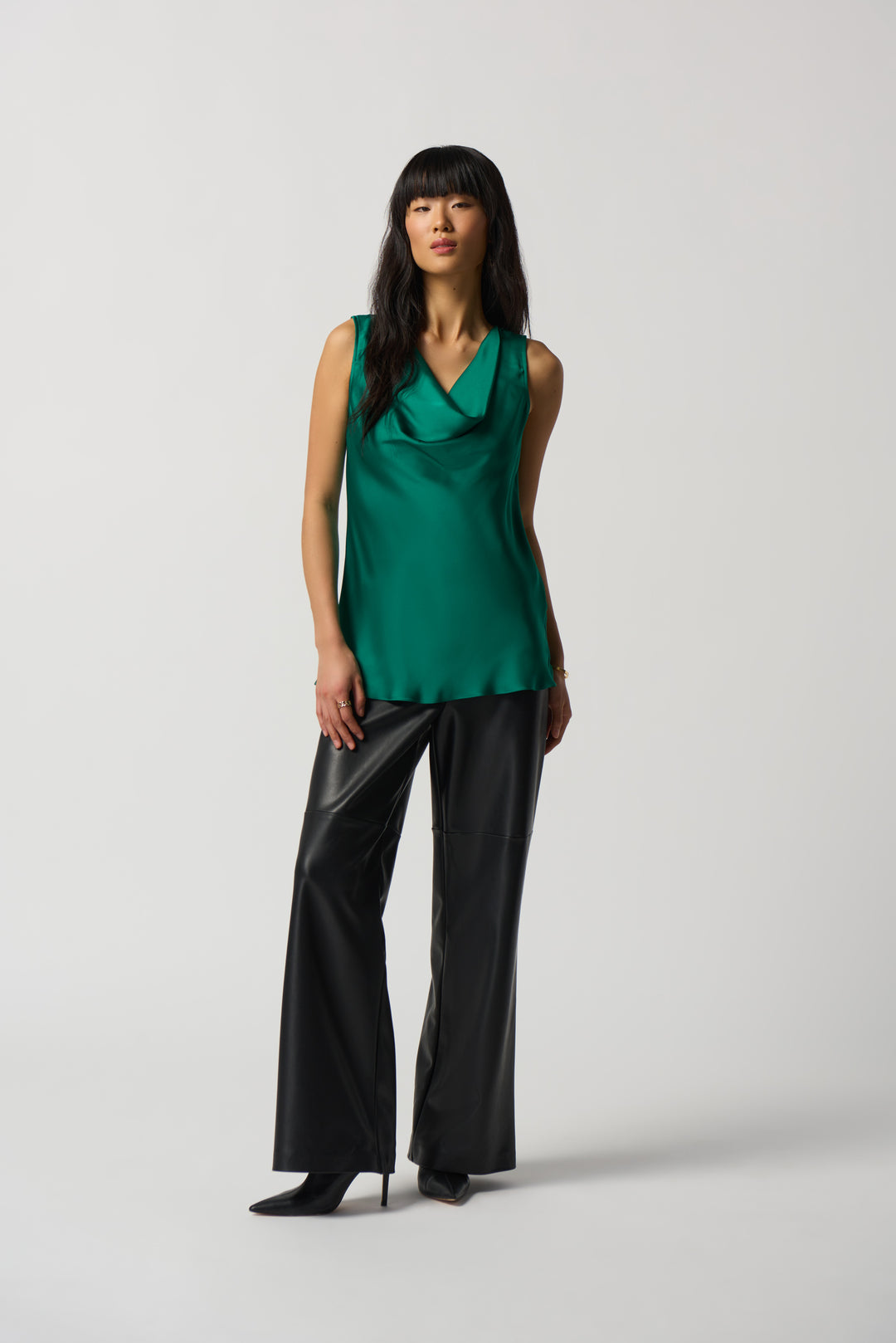 Joseph Ribkoff Fall 2023 women's business casual silk satin sleeveless tunic blouse top - Kelly Green model