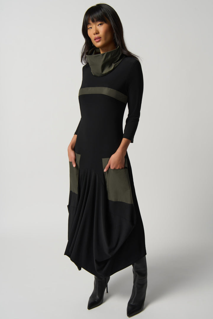 Joseph Ribkoff Fall 2023 women's dressy casual asymmetrical funky dress with pockets - model side