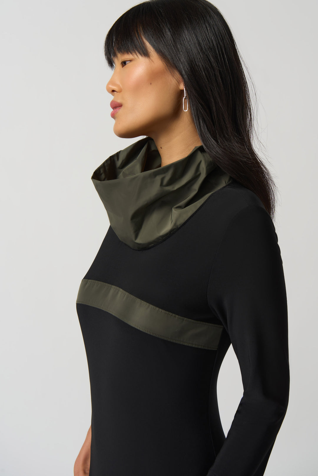 Joseph Ribkoff Fall 2023 women's dressy casual asymmetrical funky dress with pockets - model detail