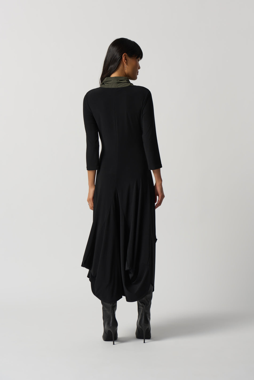 Joseph Ribkoff Fall 2023 women's dressy casual asymmetrical funky dress with pockets - model back