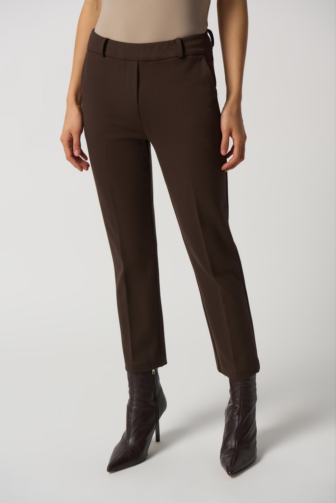 Joseph Ribkoff Fall 2023 women's business casual heavy knit cropped dress pants with pockets - mocha front