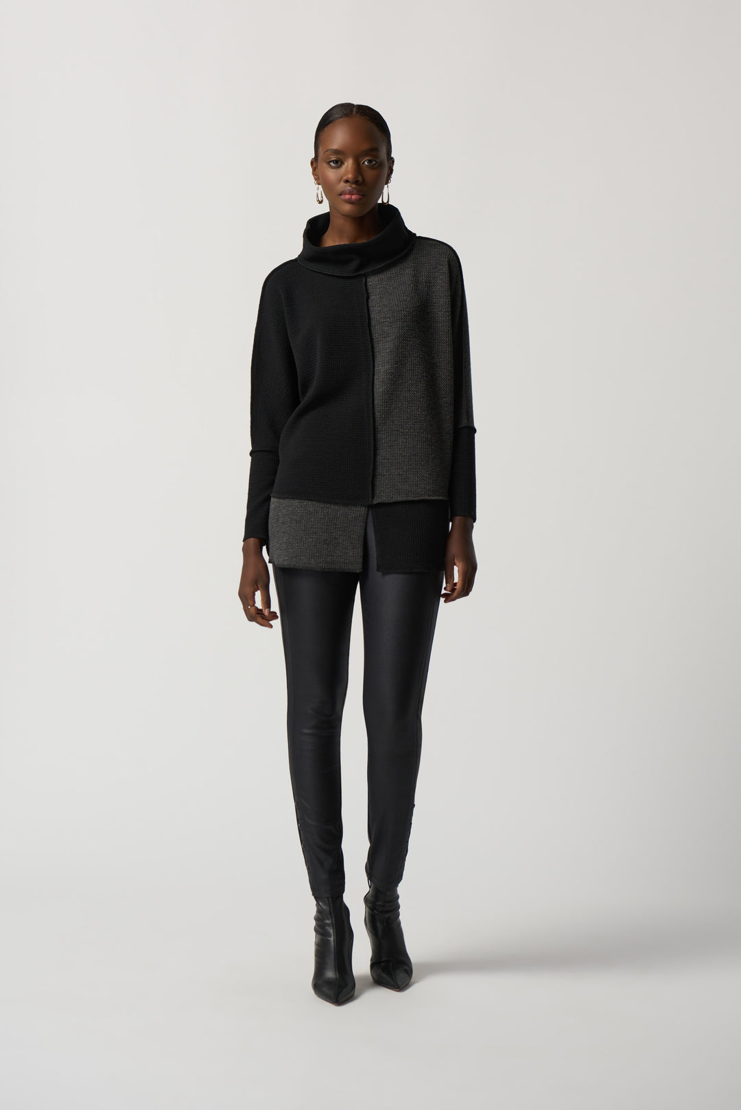 Joseph Ribkoff Fall 2023 women's casual light waffle knit tunic black and grey sweater top - model