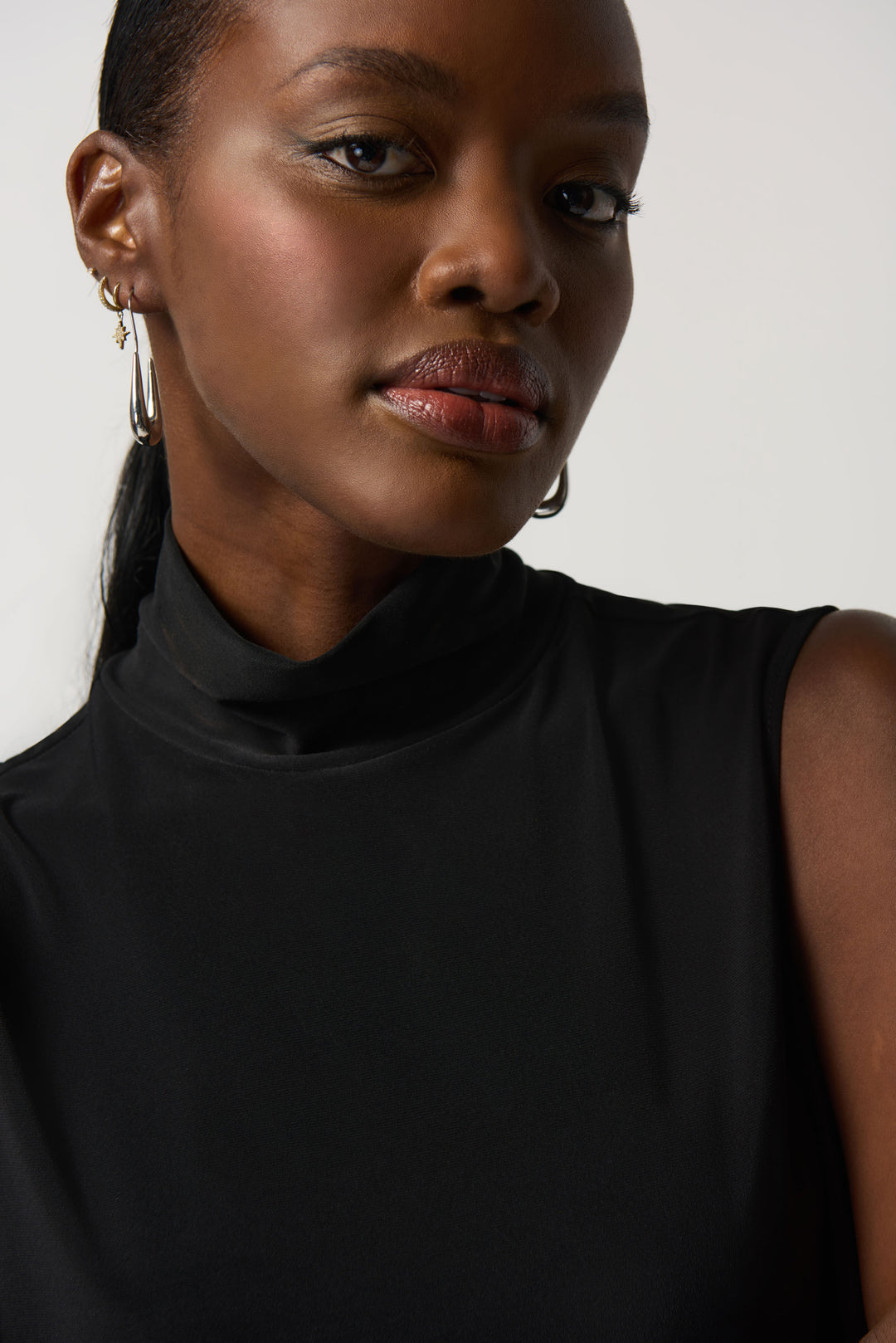 Joseph Ribkoff Fall 2023 women's casual basic mock neck layering sleeveless black top - detail