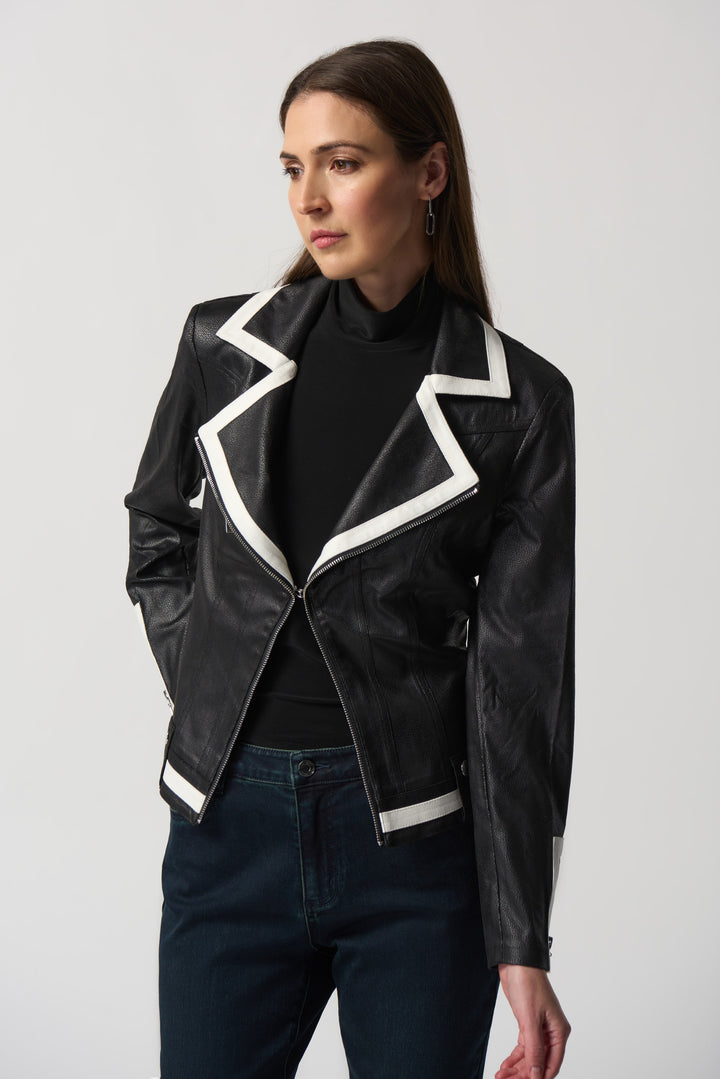 Joseph Ribkoff Fall 2023 women's casual faux suede vegan black moto blazer jacket - front