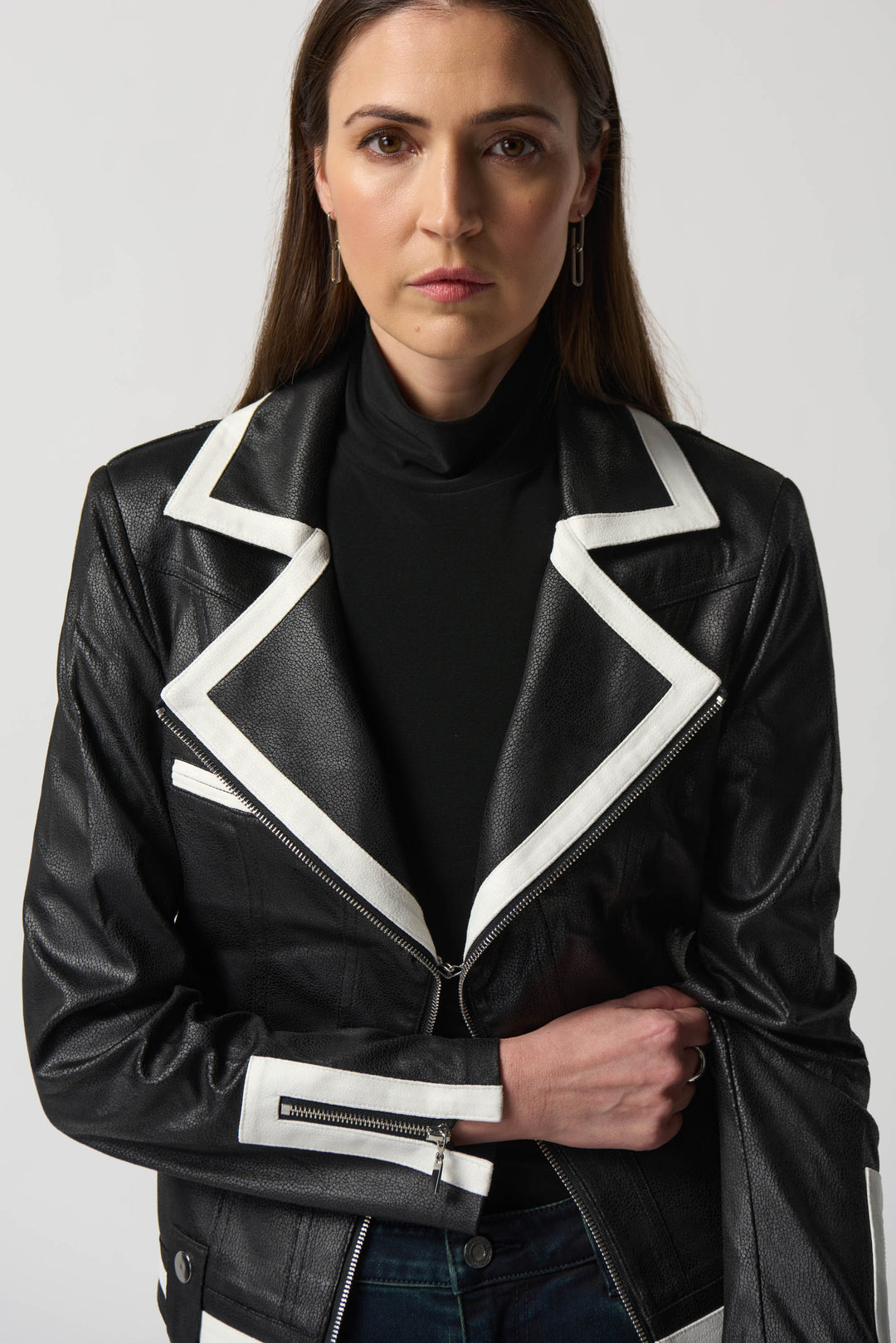Joseph Ribkoff Fall 2023 women's casual faux suede vegan black moto blazer jacket - detail