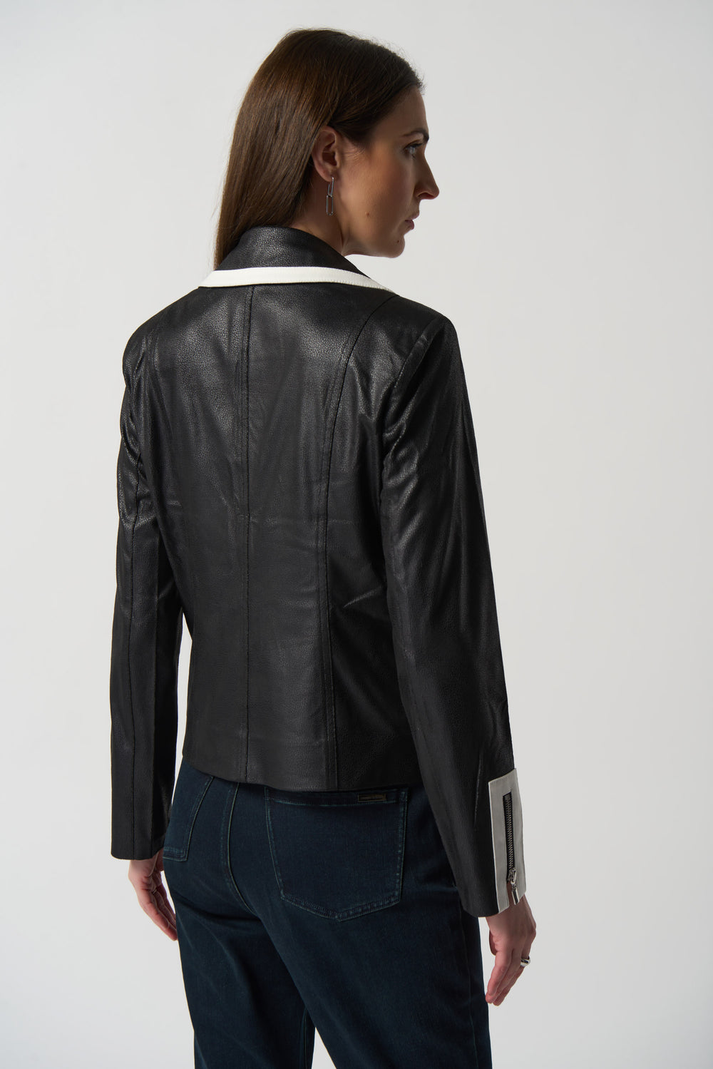 Joseph Ribkoff Fall 2023 women's casual faux suede vegan black moto blazer jacket - back