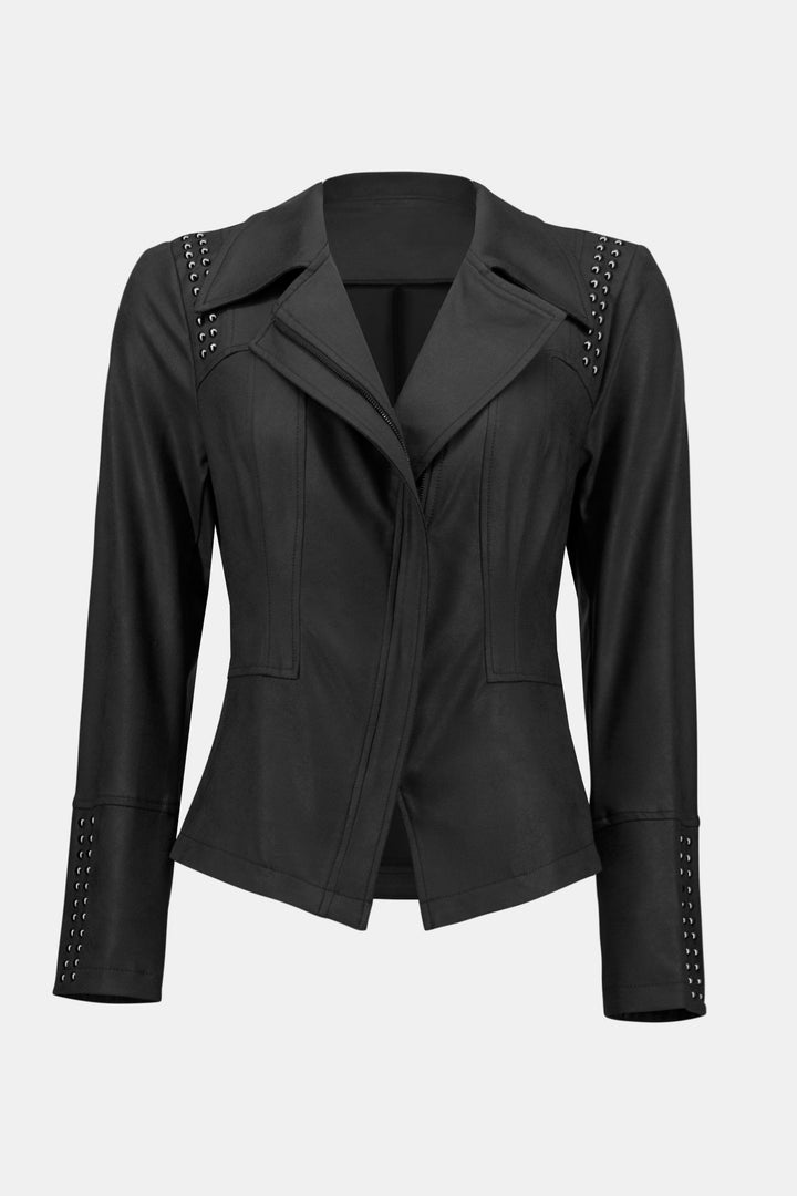 Joseph Ribkoff Fall 2023 women's casual faux leather coloured stretch moto jacket - black product front