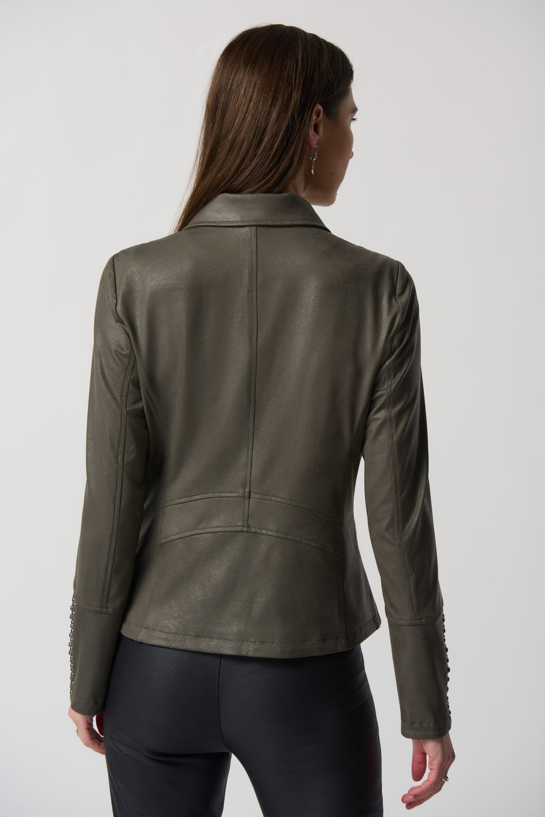Joseph Ribkoff Fall 2023 women's casual faux leather coloured stretch moto jacket - avocado back