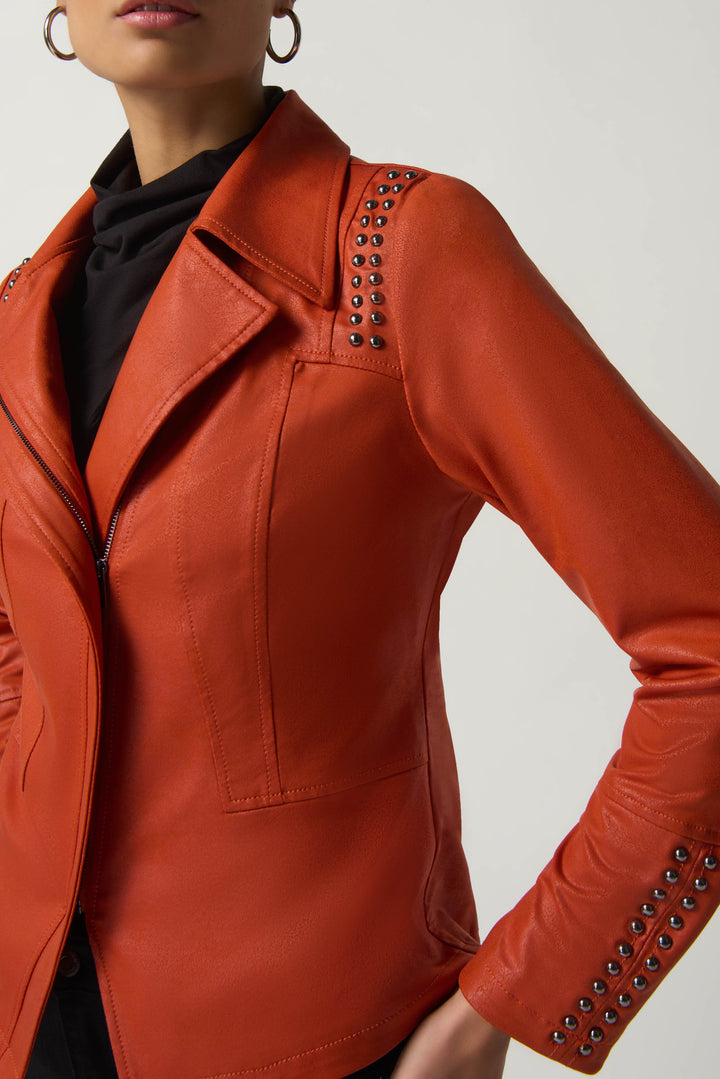 Joseph Ribkoff Fall 2023 women's casual faux leather coloured stretch moto jacket - tandoori detail