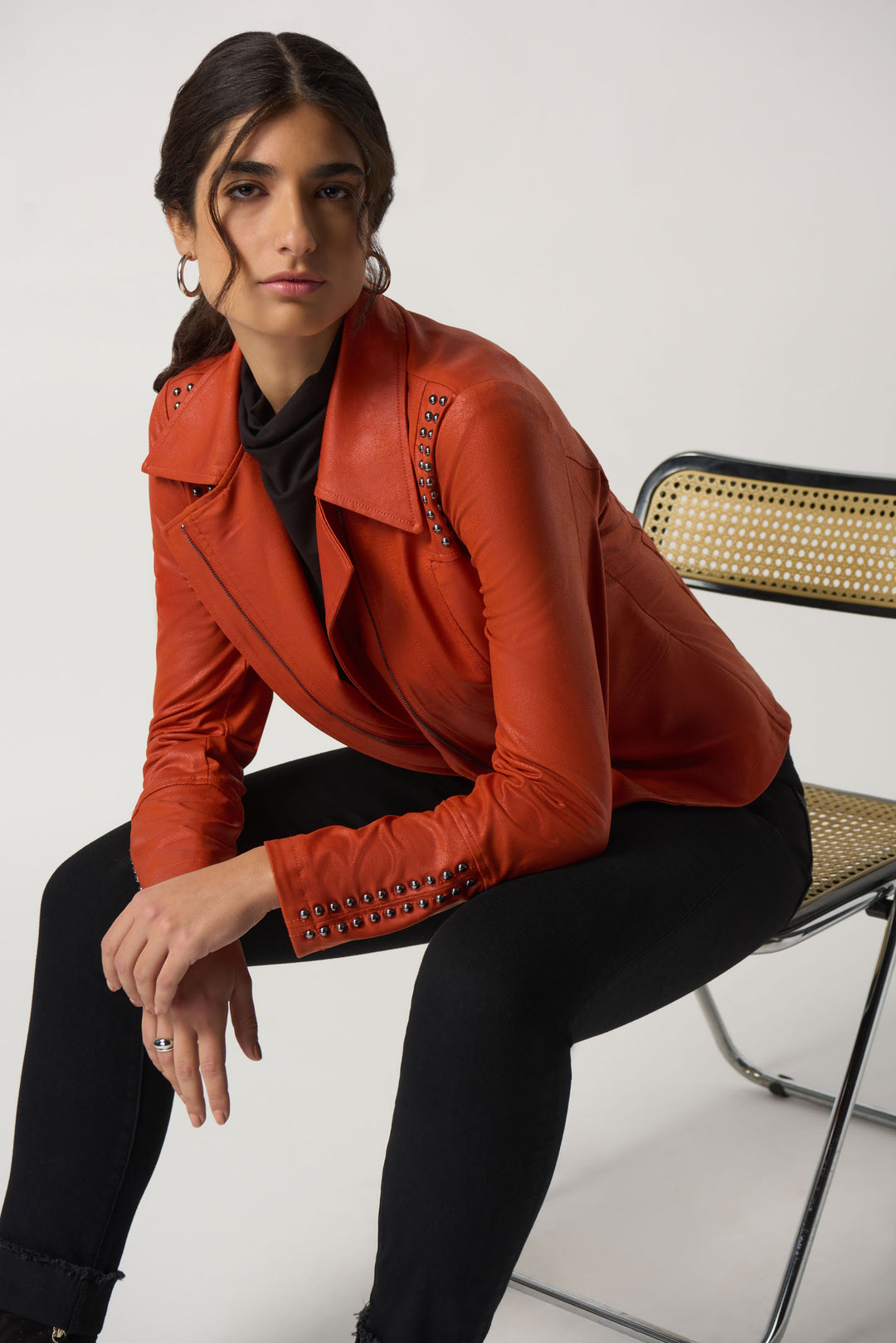 Joseph Ribkoff Fall 2023 women's casual faux leather coloured stretch moto jacket - tandoori