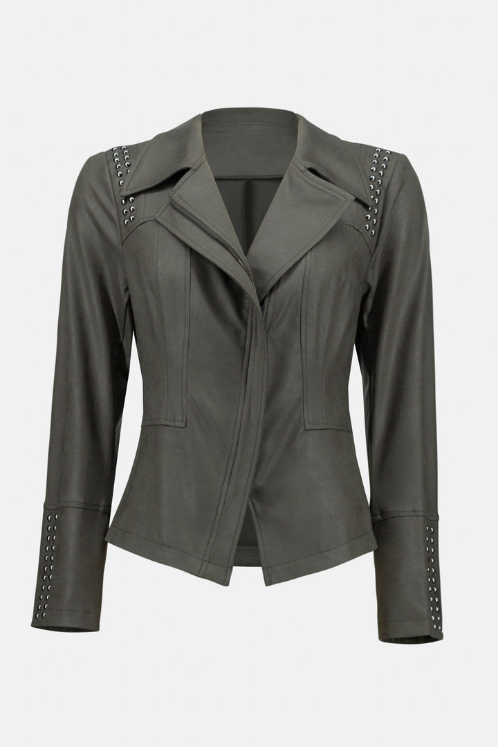 Joseph Ribkoff Fall 2023 women's casual faux leather coloured stretch moto jacket - avocado product front