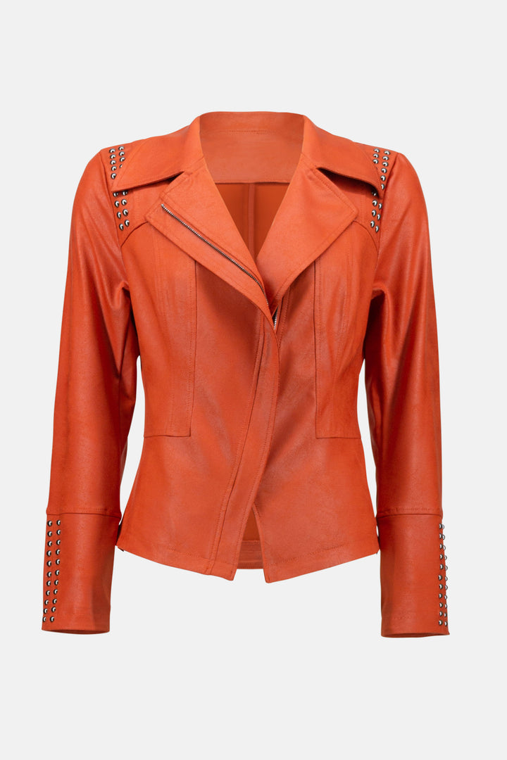 Joseph Ribkoff Fall 2023 women's casual faux leather coloured stretch moto jacket - tandoori product front