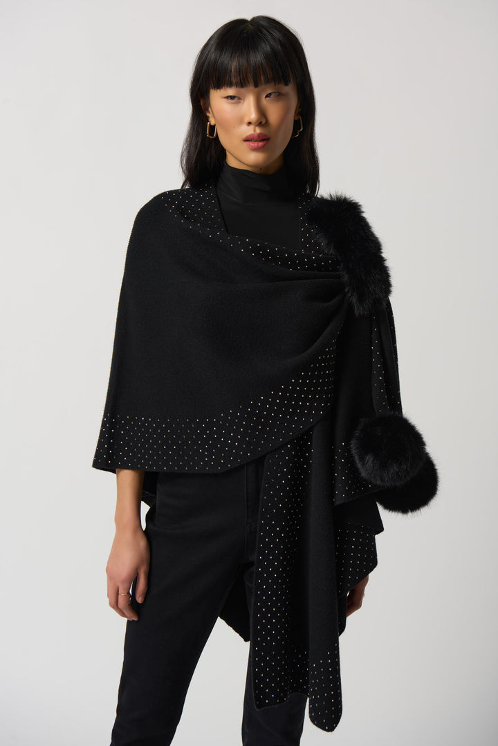 Joseph Ribkoff Fall 2023 women's casual warm wrap poncho faux fur cape with pom poms - Black front