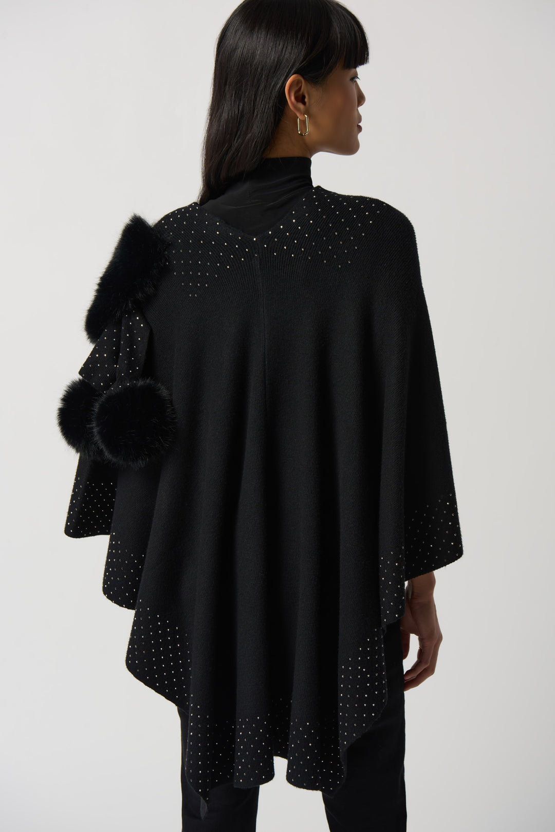 Joseph Ribkoff Fall 2023 women's casual warm wrap poncho faux fur cape with pom poms - black back